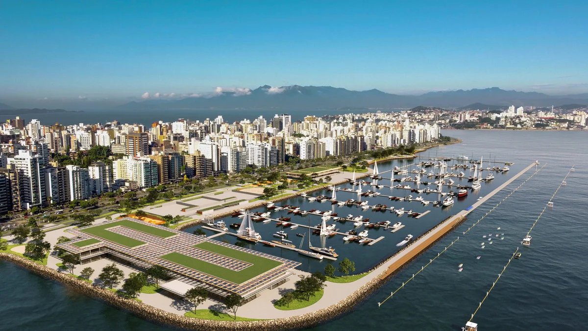 O parque urbano e o molhe de proteção no projeto final. Imagem de divulgação: Prefeitura de Florianópolis / JL Construções