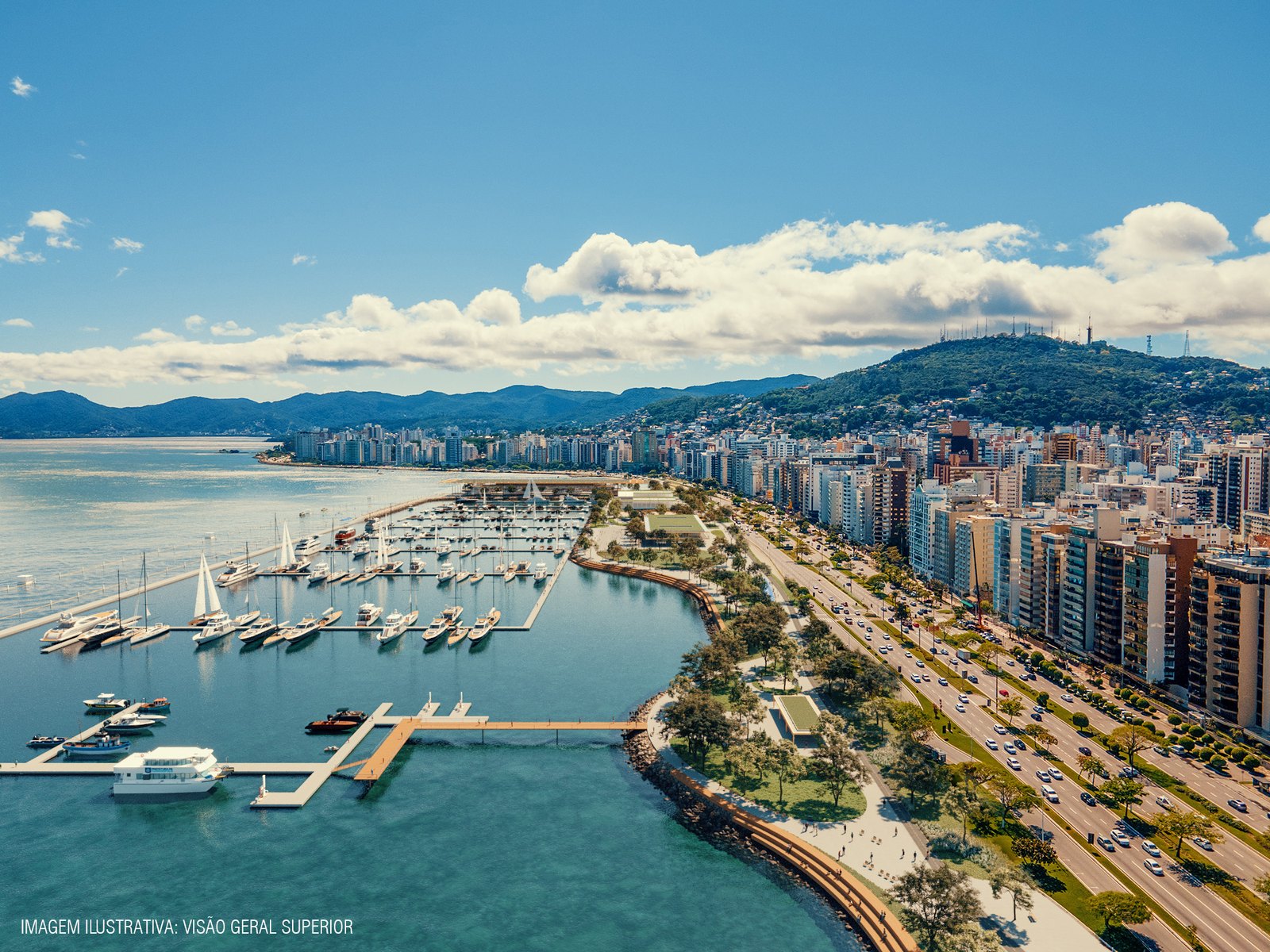 Como o conjunto de parque e marina deve ficar, visto da Baía Norte, com a Avenida Beira-Mar Norte ao lado. Imagem ilustrativa do projeto. Divulgação: Prefeitura de Florianópolis / JL Construções