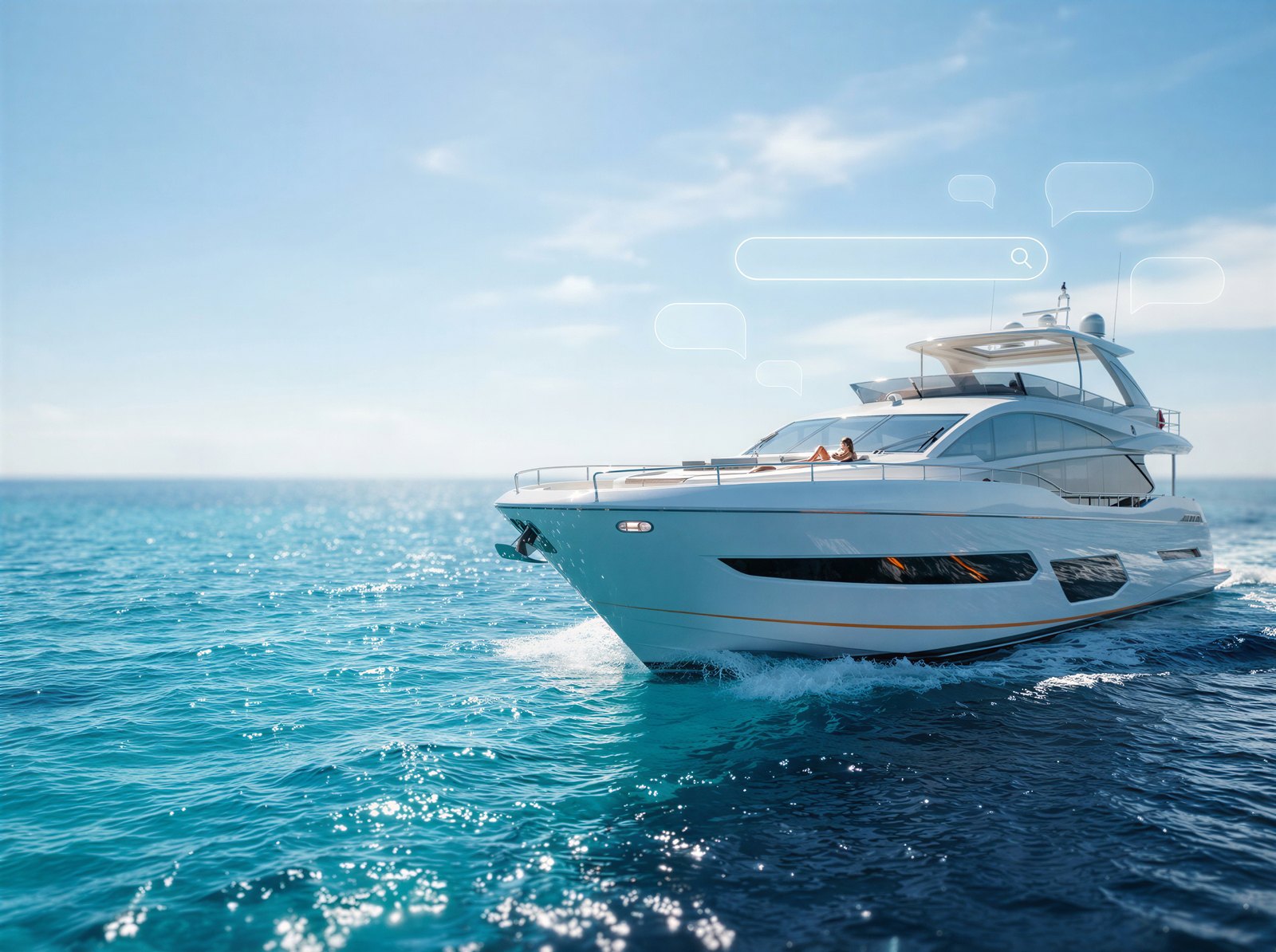 Uma das telas de divulgação do app: o comprador pede iates acima de 80 pés na faixa de US$ 10 milhões e o ChatGPT devolve uma lista de barcos à venda, sem sair da conversa. Imagem: Divulgação Denison Yachting