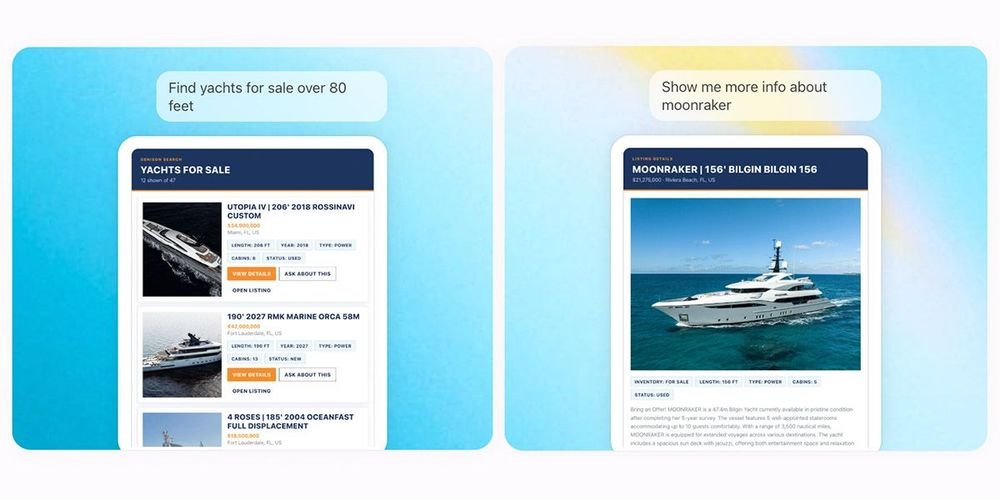 Duas telas do aplicativo: a lista de iates à venda acima de 80 pés e a ficha detalhada de um barco, tudo dentro da conversa. Imagem: Divulgação Denison Yachting