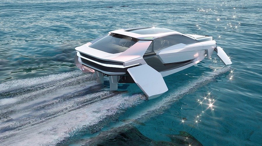 O protótipo em navegação, ainda com propulsão convencional nos testes de mar. Imagem: divulgação Futur-E Foiling