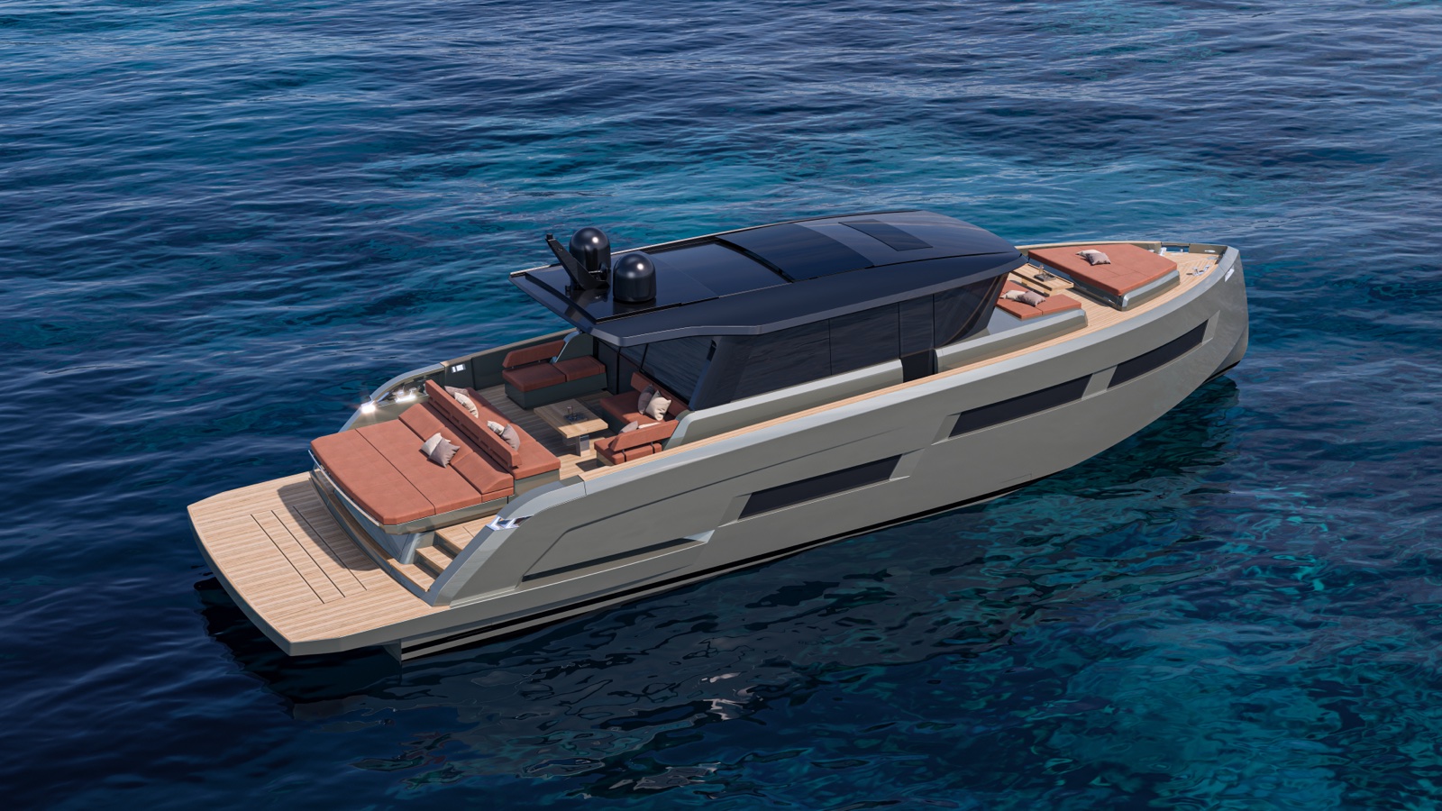 Vista aérea do Pardo GT65, com o cockpit e a proa integrados aos ambientes de convivência. Imagem ilustrativa (render): Pardo Yachts