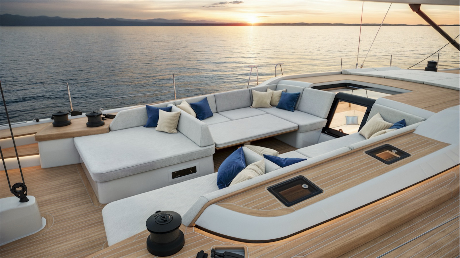 O cockpit de convívio do Swan 73, com sofá em U voltado para o mar. Imagem ilustrativa (render): Nautor Swan