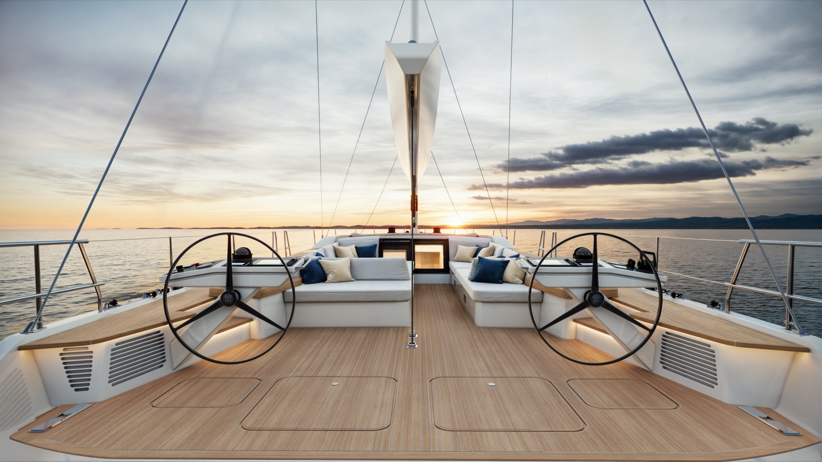 Os dois timões e o cockpit de navegação do Swan 73, ao pôr do sol. Imagem ilustrativa (render): Nautor Swan